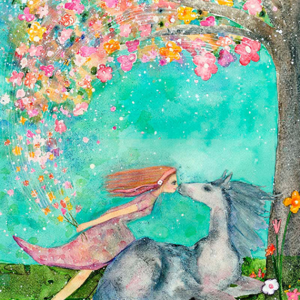girl kissing unicorn kids room painting